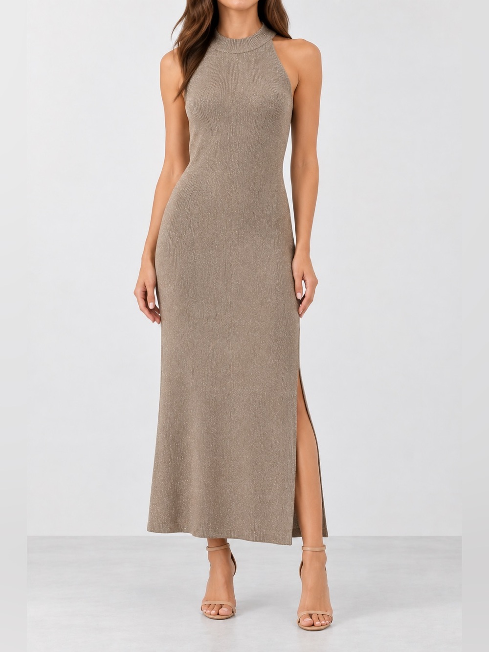 Banana Republic Factory Knit Maxi Dress in Tan w/ Gold Metallic Thread, Size XL